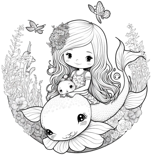 meerjungfrau-und-fisch-mit-blumen-ausmalvorlage