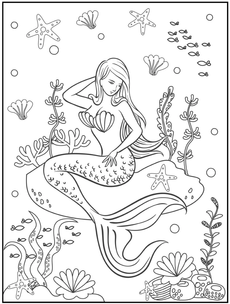 meerjungfrau-und-fische-ausmalvorlage