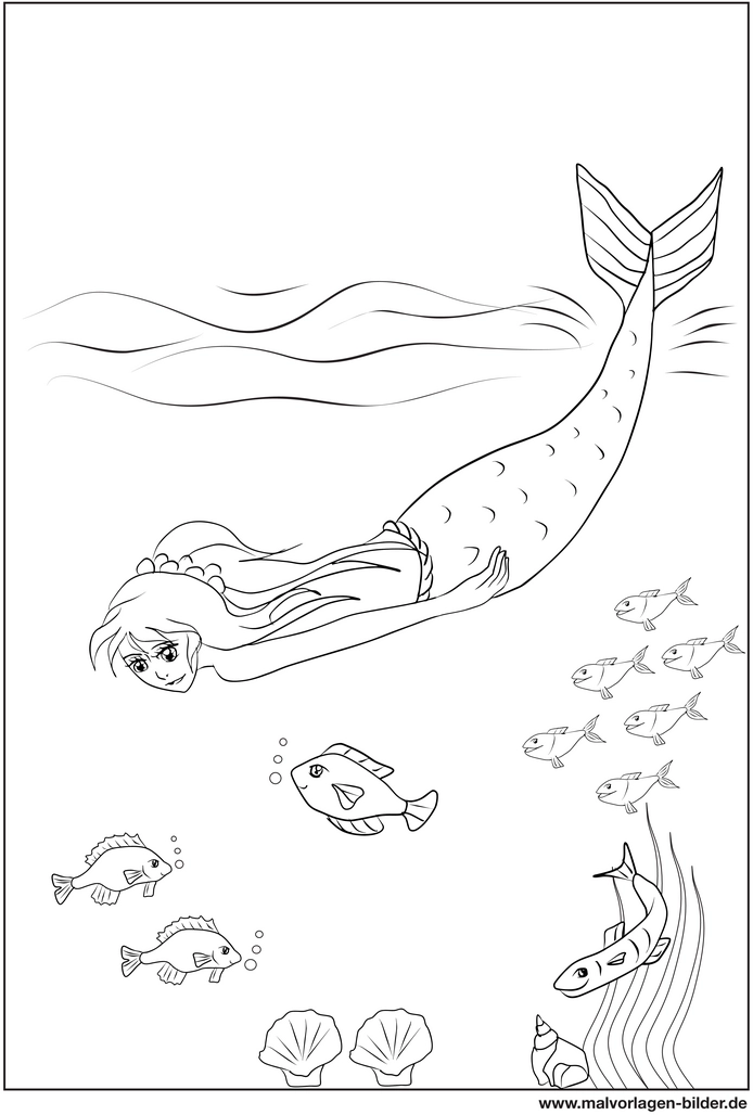meerjungfrau-und-fische-im-meer-malvorlage