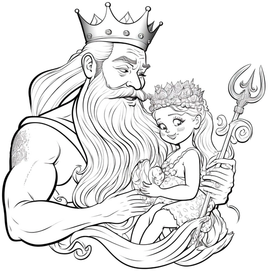 meerkoenig-mit-maedchen-und-fisch-ausmalvorlage