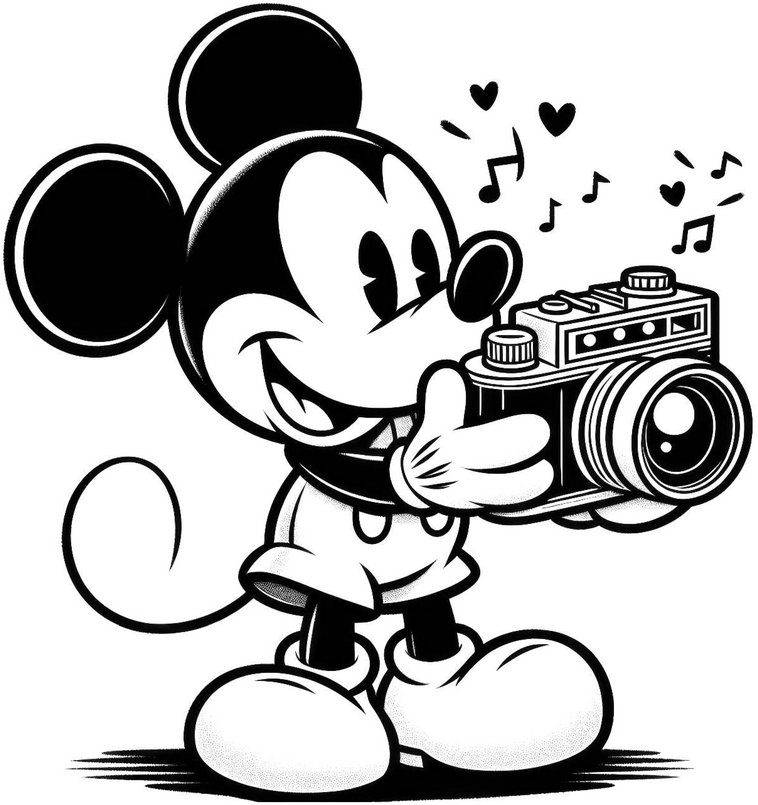 mickey-maus-mit-kamera-und-musik-noten-malvorlage