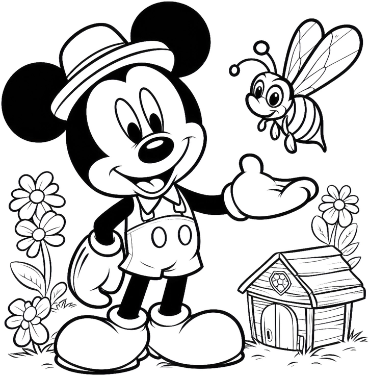 mickey-mouse-biene-blumen-ausmalvorlage