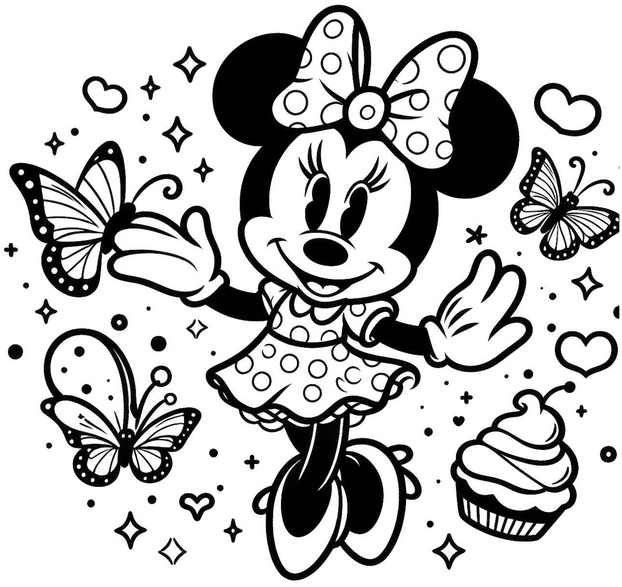 minnie-maus-ausmalbild-mit-schmetterlingen-und-cupcake