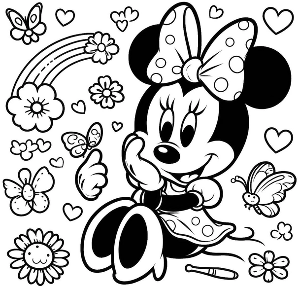 minnie-maus-blumen-und-schmetterlinge-ausmalbild