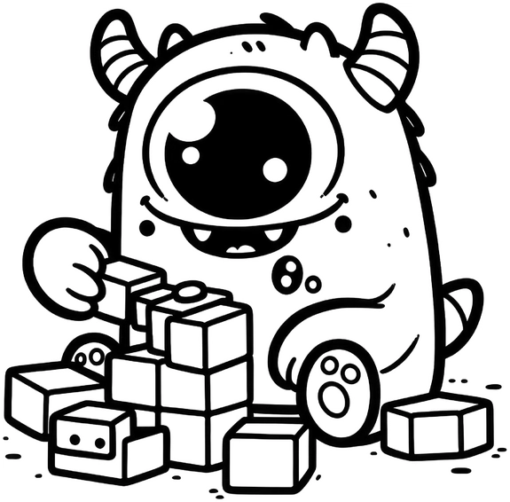 monster-beim-spielen-mit-baukletten-malvorlage