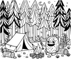 monster-im-wald-zelt-lagerfeuer-ausmalbild