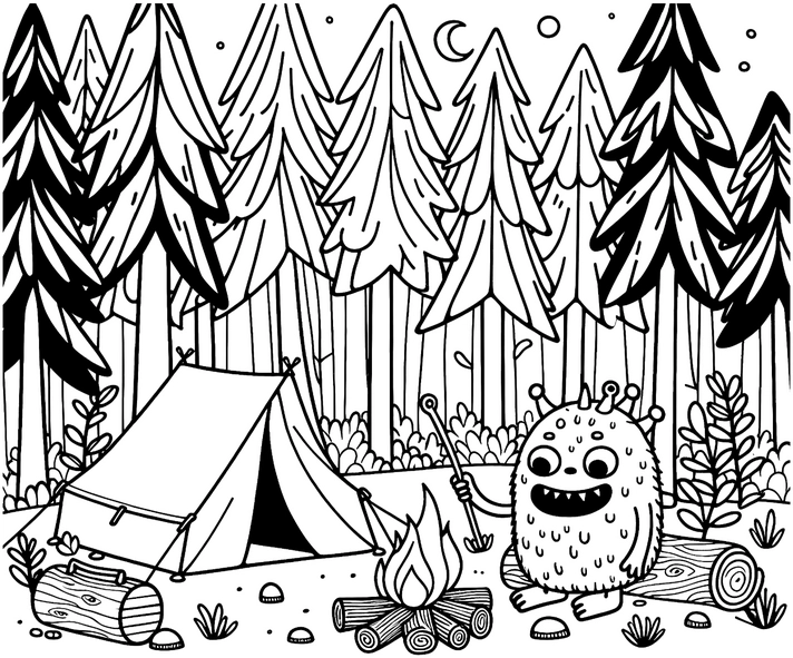 monster-im-wald-zelt-lagerfeuer-ausmalbild