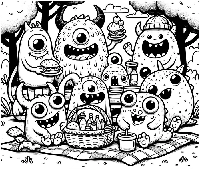 monster-picknick-ausmalvorlage