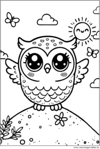 niedliche-eule-mit-sonne-und-schmetterlingen-malvorlage