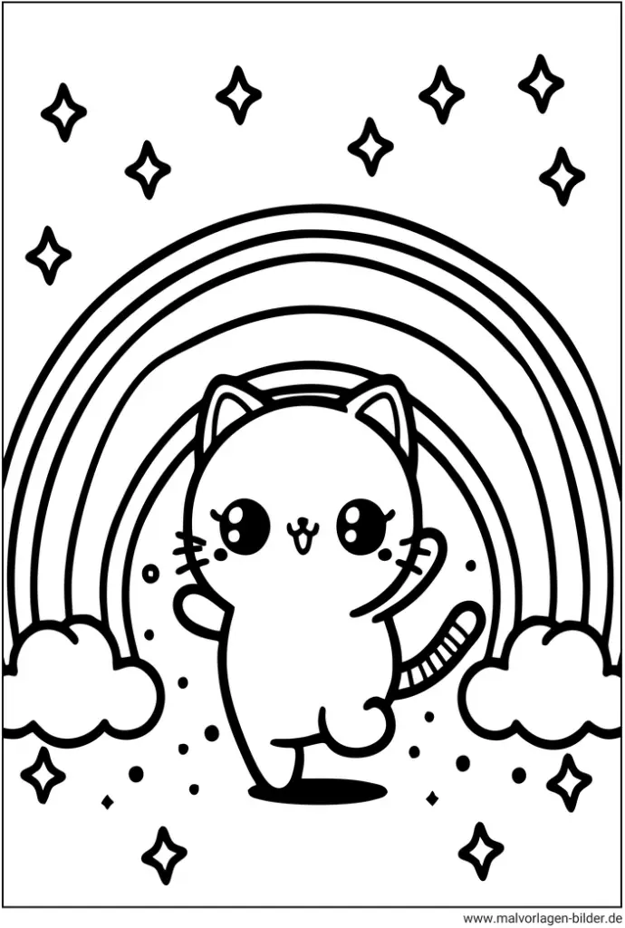 niedliche-katze-vor-regenbogen-ausmalbild