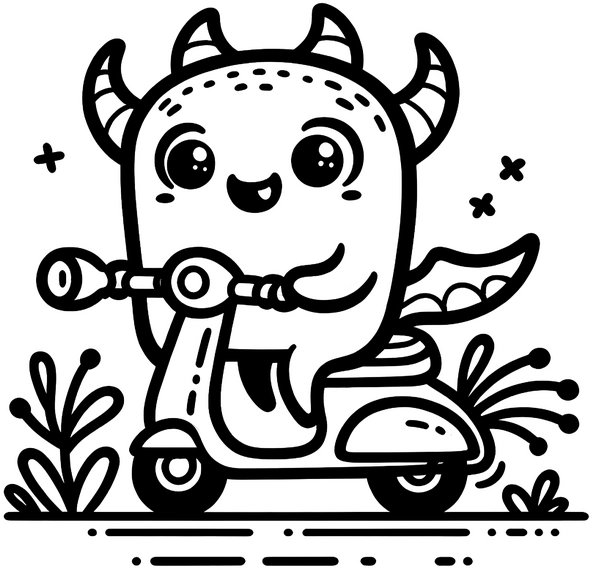 niedliches-monster-auf-roller-ausmalvorlage