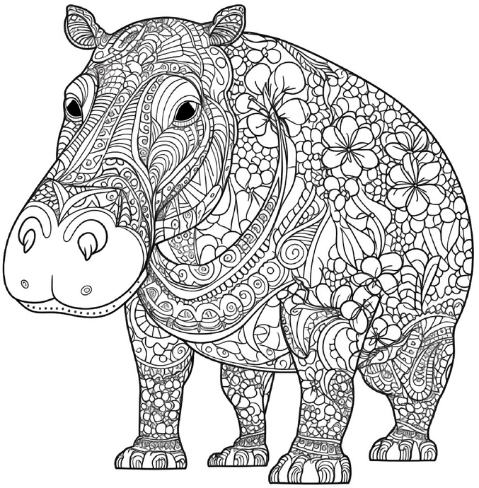 nilpferd-mit-floralen-mustern-malvorlage