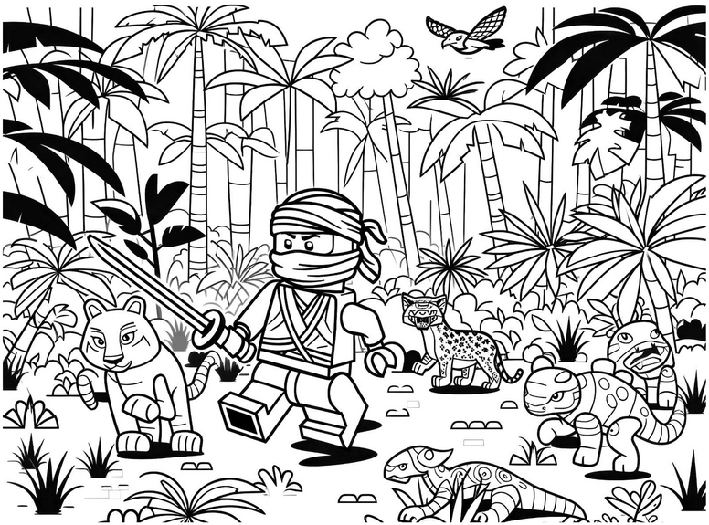 ninja-im-dschungel-mit-tieren-ausmalvorlage