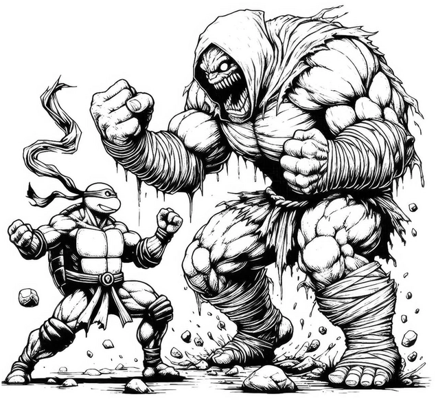 ninja-turtles-gegen-monster-ausmalvorlage