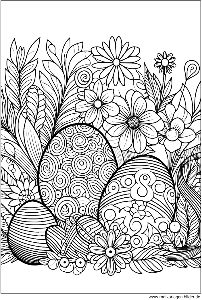 ostereier-im-garten-mit-blumen-ausmalvorlage