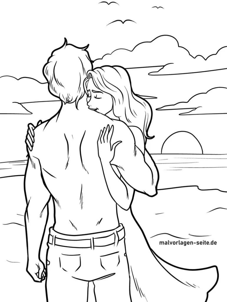 paar-am-strand-umarmung-malvorlage