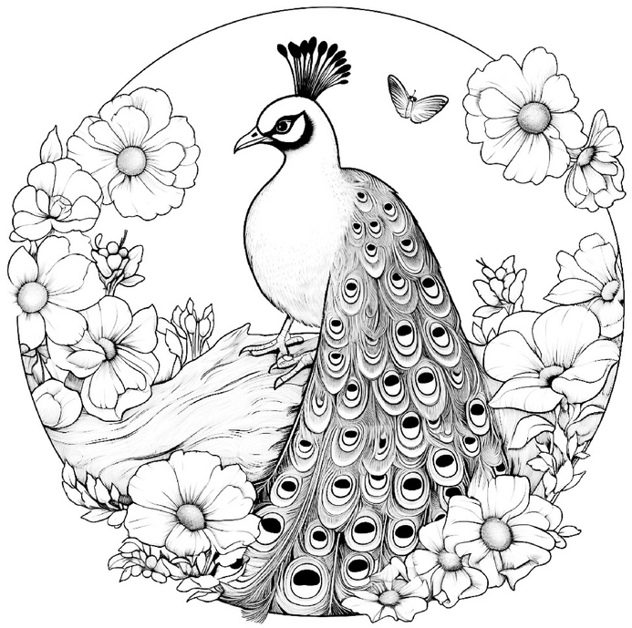 pfau-und-blumen-malen-vorlage
