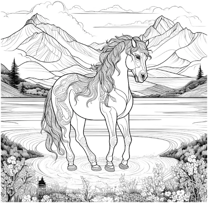 pferd-in-der-berglandschaft-ausmalvorlage