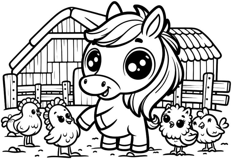pferd-und-kueken-bauernhof-ausmalvorlage