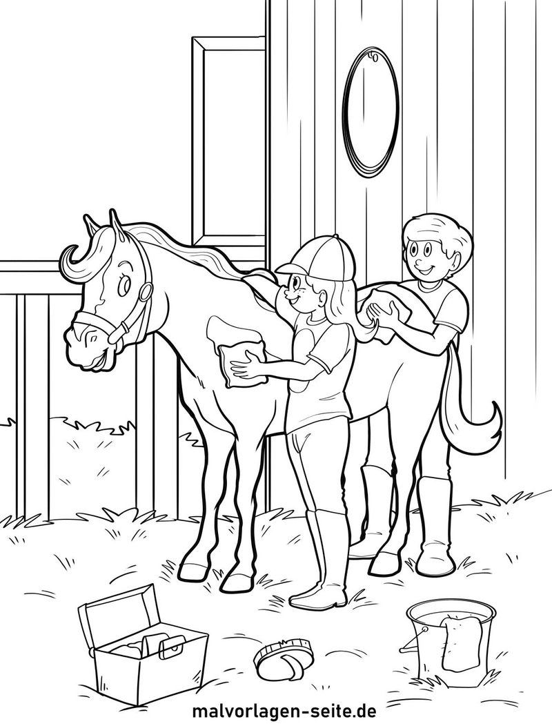 pferde-mit-kindern-beim-putzen-malvorlage