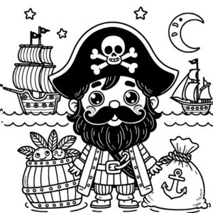 pirat-mit-schiff-und-schatz-ausmalvorlage