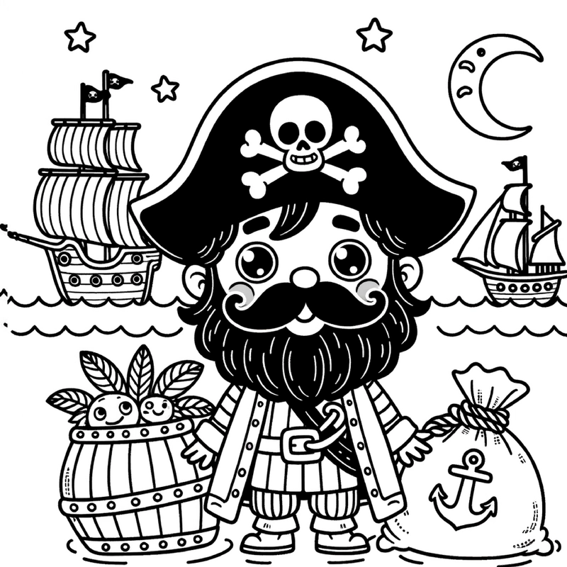 pirat-mit-schiff-und-schatz-ausmalvorlage