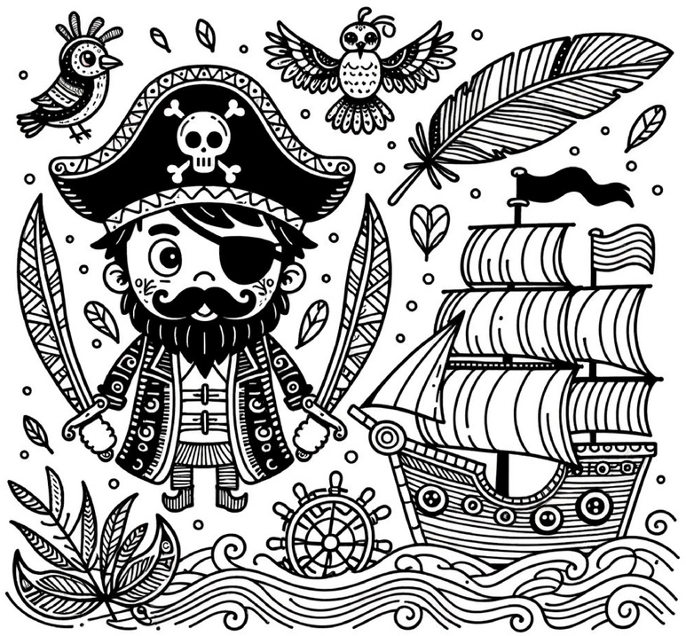 pirat-mit-schiff-und-voegeln-ausmalvorlage