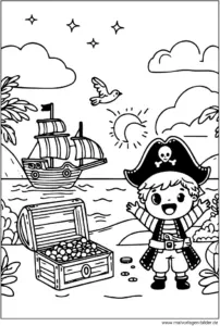 piratenjunge-mit-schatz-und-schiff-ausmalbild