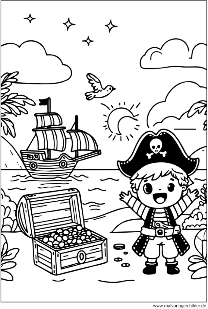 piratenjunge-mit-schatz-und-schiff-ausmalbild