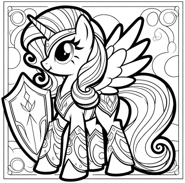 ponys-mit-fluegel-und-schild-ausmalvorlage