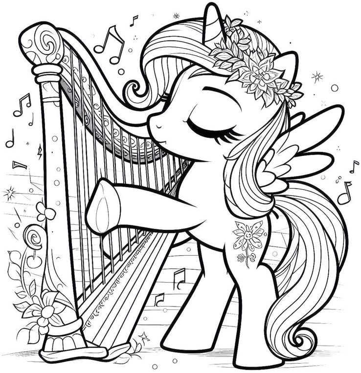 ponys-mit-harfe-und-musiknoten-ausmalbild