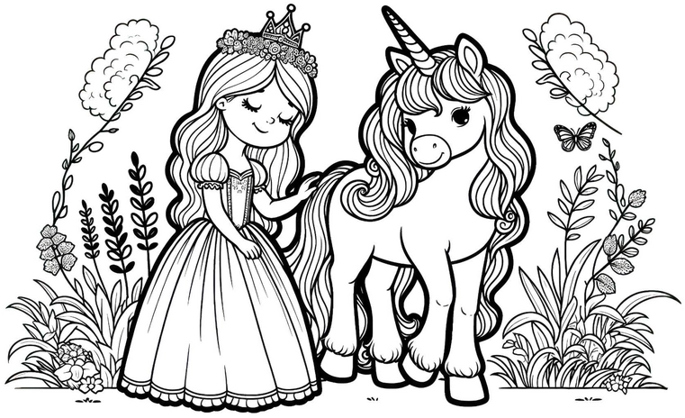 princessin-einhorn-mit-blumen-ausmalbild