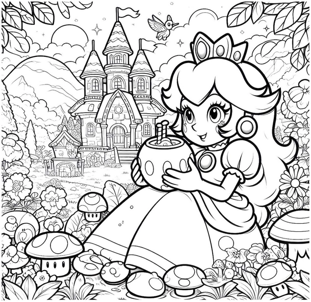 princessin-im-garten-mit-blumen-und-schloss