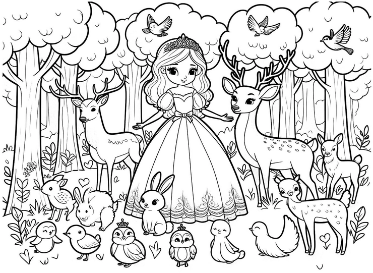 princessin-im-wald-mit-tieren
