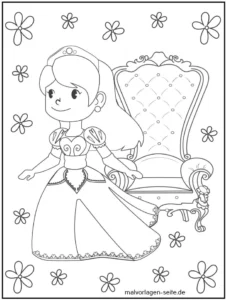 princessin-mit-thron-und-blumen-malvorlage