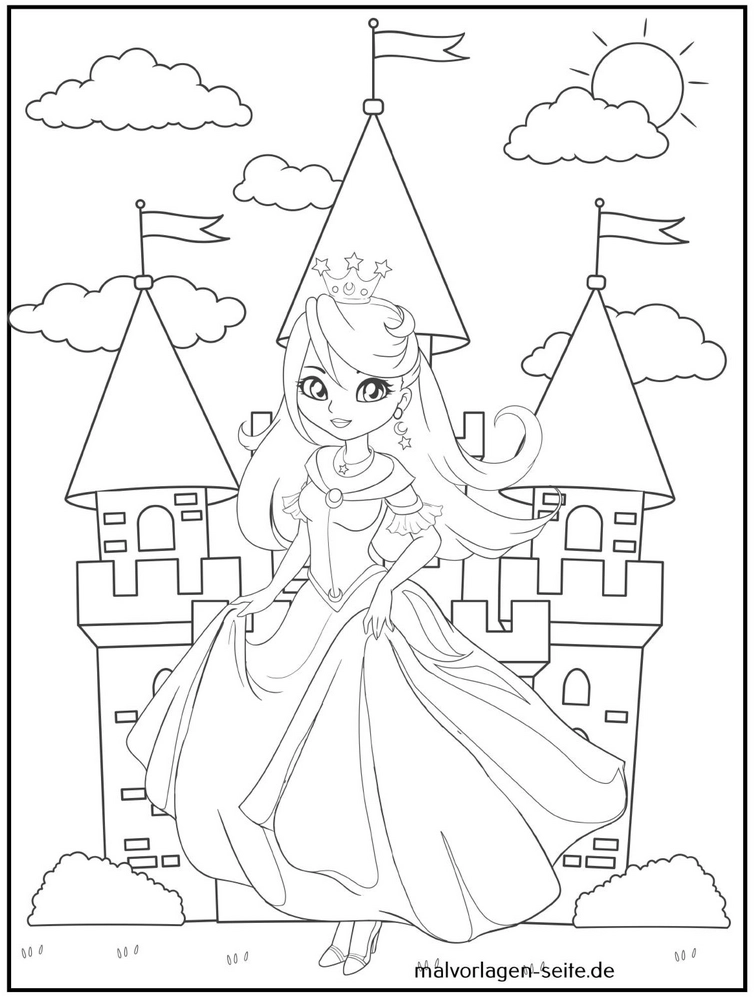 princessin-vor-schloss-mit-wolken-und-sonne