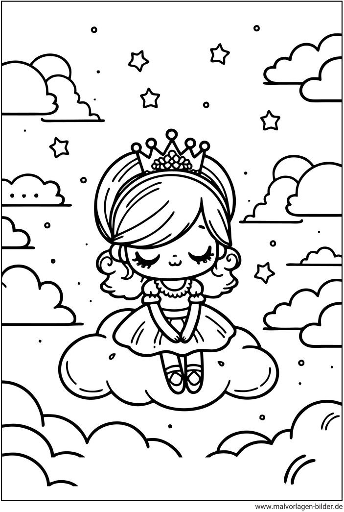 prinzessin-auf-wolke-traeumt-ausmalbild