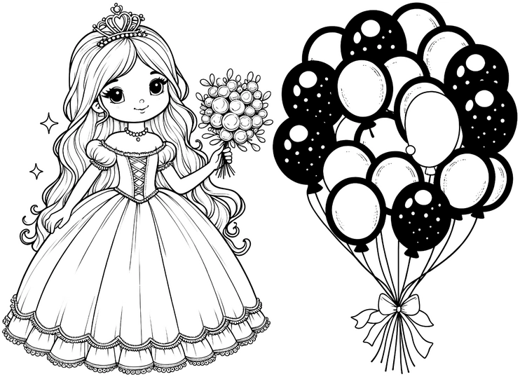 prinzessin-ballon-blumenstrauss-ausmalvorlage