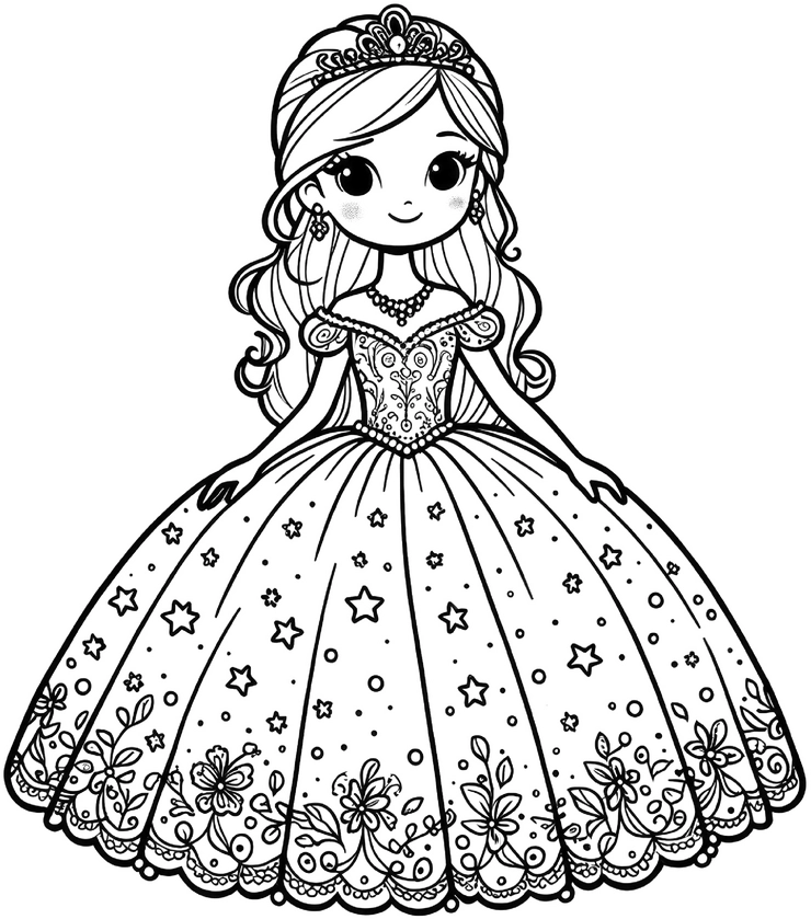 prinzessin-im-ballkleid-mit-sternen-und-blumen