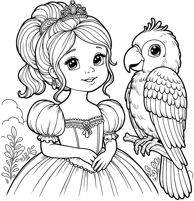 prinzessin-mit-papagei-ausmalvorlage