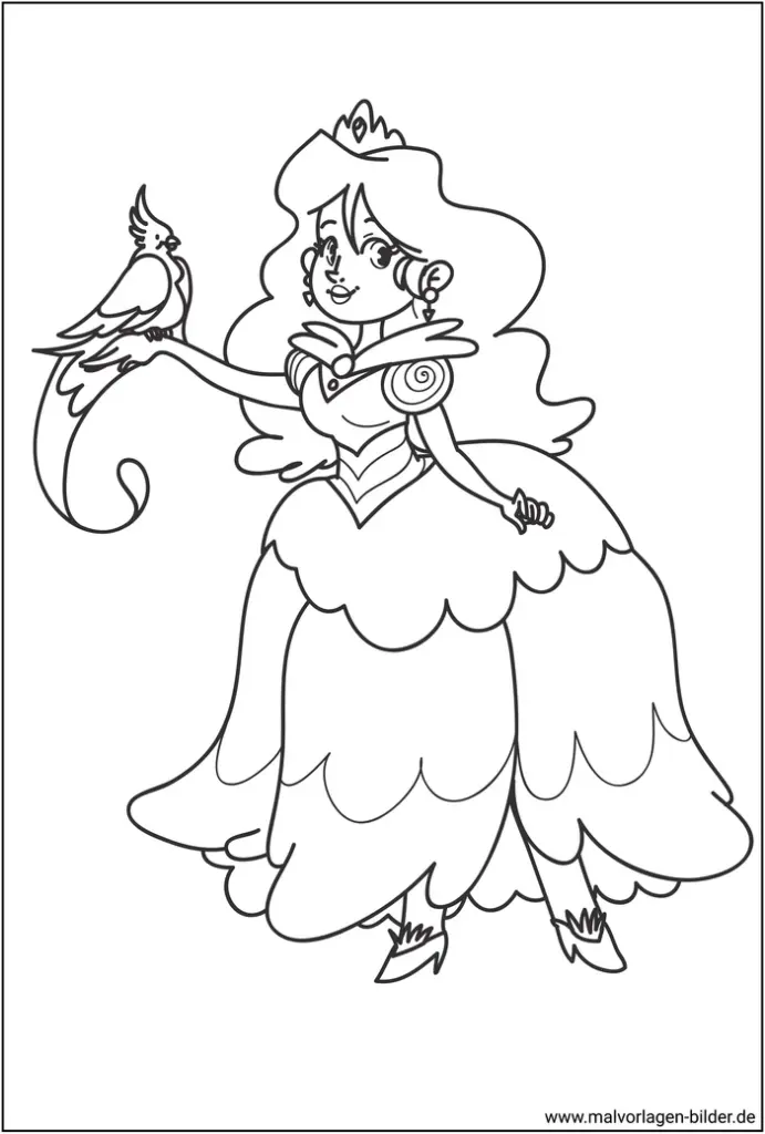 prinzessin-mit-vogel-ausmalbild