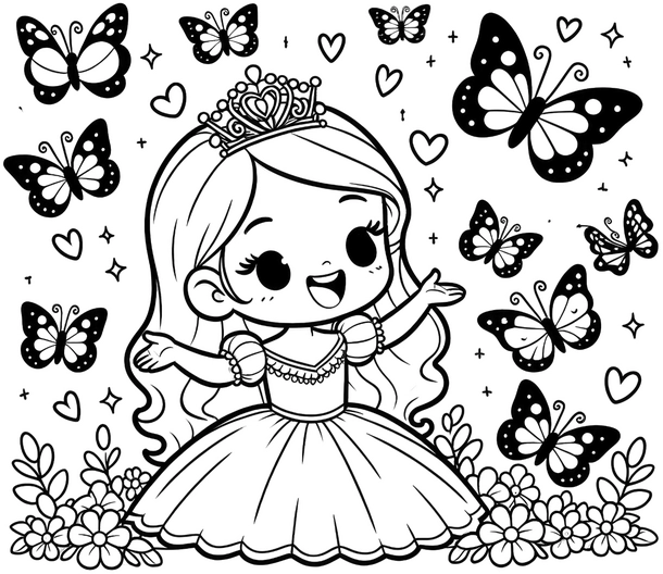 prinzessin-schmetterlinge-herzen-ausmalvorlage