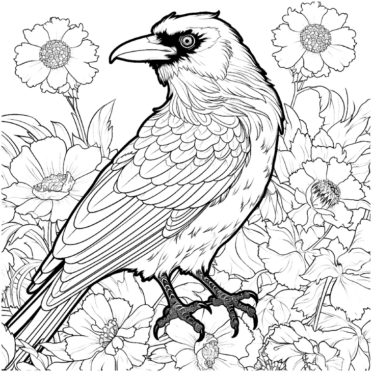rabe-zwischen-blumen-ausmalvorlage