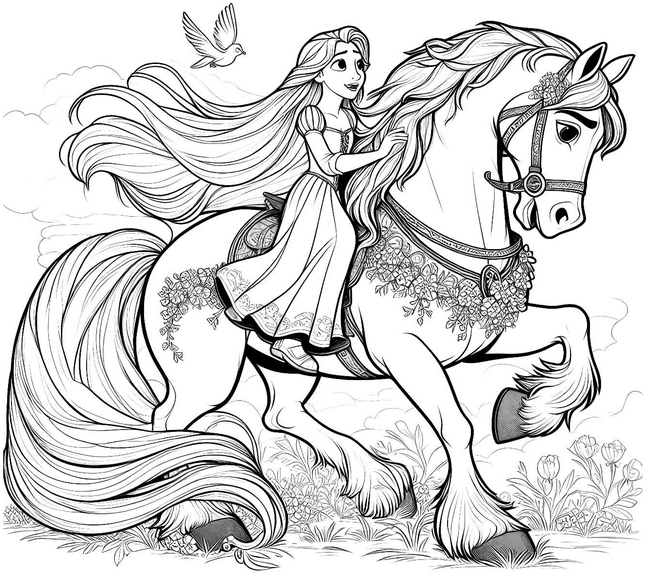 rapunzel-mit-pferd-und-vogel-ausmalvorlage