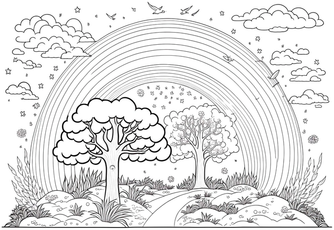 regenbogen-natur-baeume-vögel-ausmalvorlage