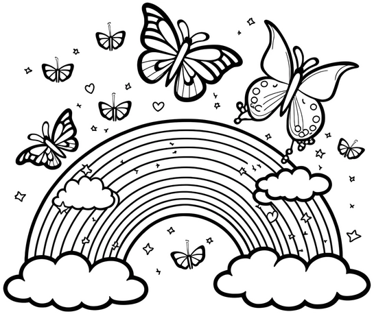 regenbogen-und-schmetterlinge-ausmalvorlage