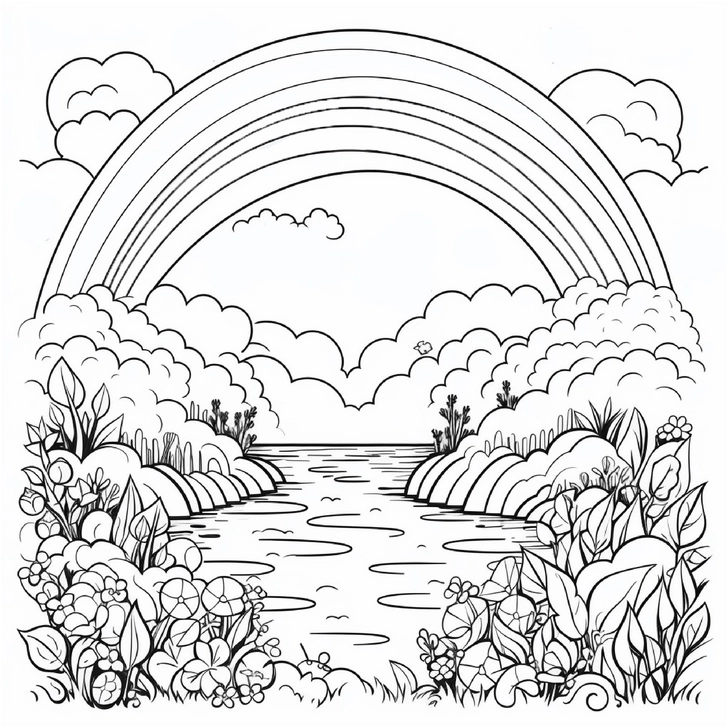 regenbogen-und-wasserlandschaft-ausmalvorlage