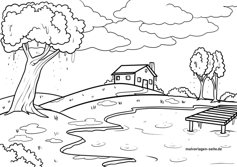 regnerische-landschaft-mit-haus-und-teich