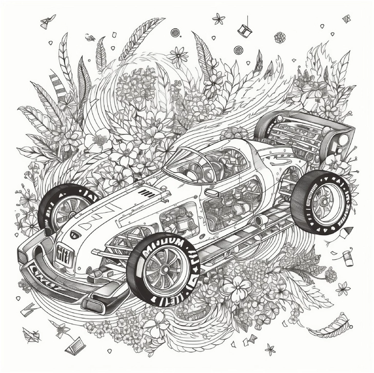 rennwagen-in-floralem-hintergrund