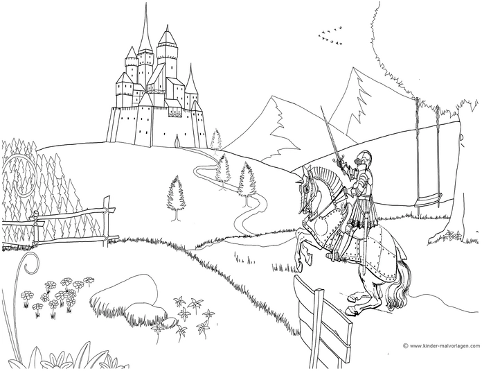 ritter-vor-schloss-malen-ausmalvorlage